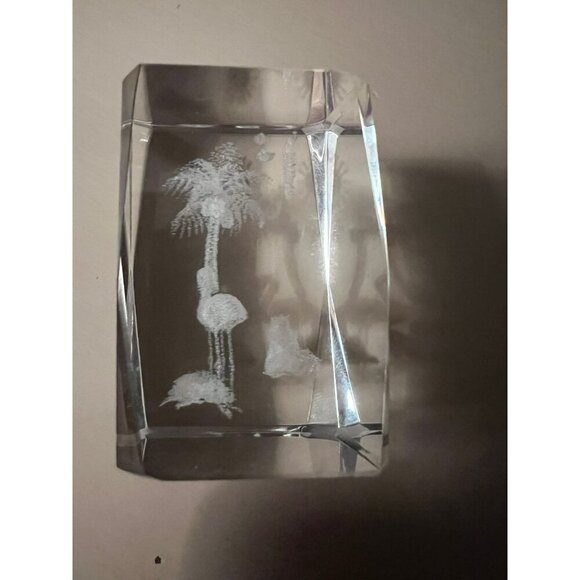 Vintage Flamingo and Palm Tree Etched Crystal Glass Block with Color Light Stand - Picture 8 of 9